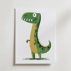 No-9 features a playful illustration of a green dinosaur with a yellow belly and spots, standing upright and smiling, displayed on white paper against a light background.