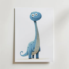 The no-9 product is a framed illustration featuring a smiling, cartoon-style blue dinosaur with a long neck, big eyes, and small dark spots, standing upright on a plain white background.