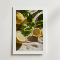 Lemony Herbs Poster by Bozetto visar hela och halverade citroner med färsk basilika på en vit duk i en vit ram, tryckt på FSC-certifierat premiumpapper för en högkvalitativ finish.