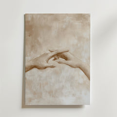 Bozetto Holding Hands Poster visar två händer som sträcker ut sig mot en mjuk, abstrakt sepiabakgrund, tryckt på premiumpapper - ett snyggt tillägg till elegant inredning.