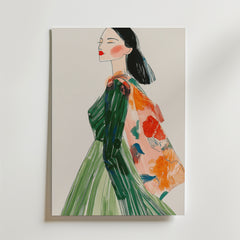 En Bozetto "Woman With Coat Poster" modeillustration av en svarthårig kvinna i grön klänning och rosa blommig scarf, med djärva linjer och livfulla färger, tryckt på premiumpapper med lyxig matt yta.
