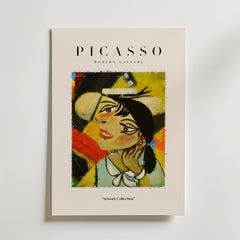 Bozetto Picasso Laughing Woman Poster föreställer ett abstrakt porträtt av en kvinna i starka färger och geometriska former som utstrålar glädje. Texten ovanför lyder "PICASSO Modern Gallery", med "Artwork Collection" nedanför.