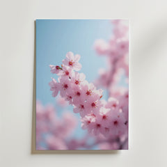 Cherry Blossom Pastel Poster by Bozetto har livfulla rosa blommor med en suddig bakgrund och blå himmel, tryckt på premiumpapper. Perfekt för att ge en mjuk touch till en vit väggdekor.