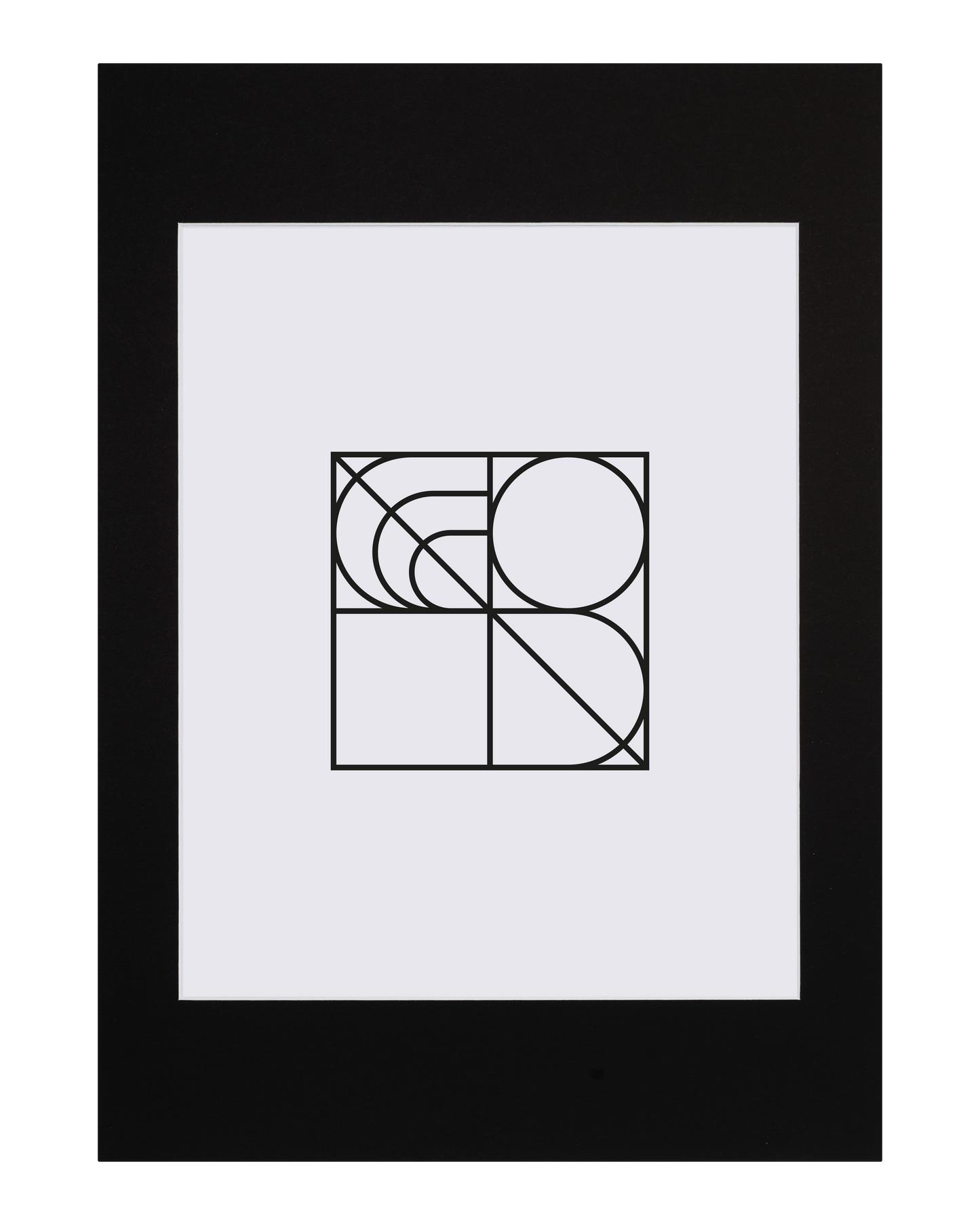 Ett minimalistiskt konsttryck med svarta geometriska former - kvadrater, cirklar och böjda linjer - på en vit bakgrund, inramat i Bozettos Innerram Svart för en modern touch.