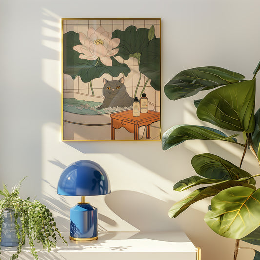 Lotus Bath Cat Poster