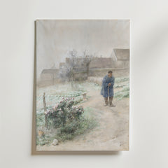 Bozetto Carl Larsson November Poster föreställer en äldre person i blå kappa med käpp som går på en dimmig stig bland hus, kala träd och blommande blommor och fångar årstidernas växlingar.