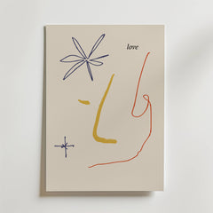 Bozetto Love Lines Poster är ett minimalistiskt abstrakt print med linjekonst, stjärnmotiv och "love" på en ljus bakgrund. Blå, gula och röda linjer framkallar kärlekskonst i denna moderna ansikte design.