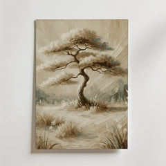 En sepiatonad Bozetto Serene Nature Tree Poster, med ett ensamt vridet träd med skira bladverk på gräs, målad med mjuka penseldrag, hänger på en vit vägg - tryckt på FSC-certifierat premiumpapper.