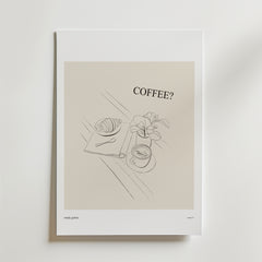 Bozetto Minimal frukostaffisch: En stilren kökstavla med illustration av en croissant på servett, sked, kaffekopp och krukväxt samt texten COFFEE? på neutral bakgrund.