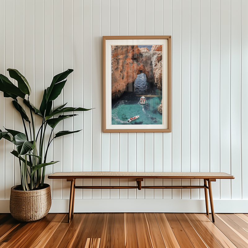 Coastal Cave Boats Poster