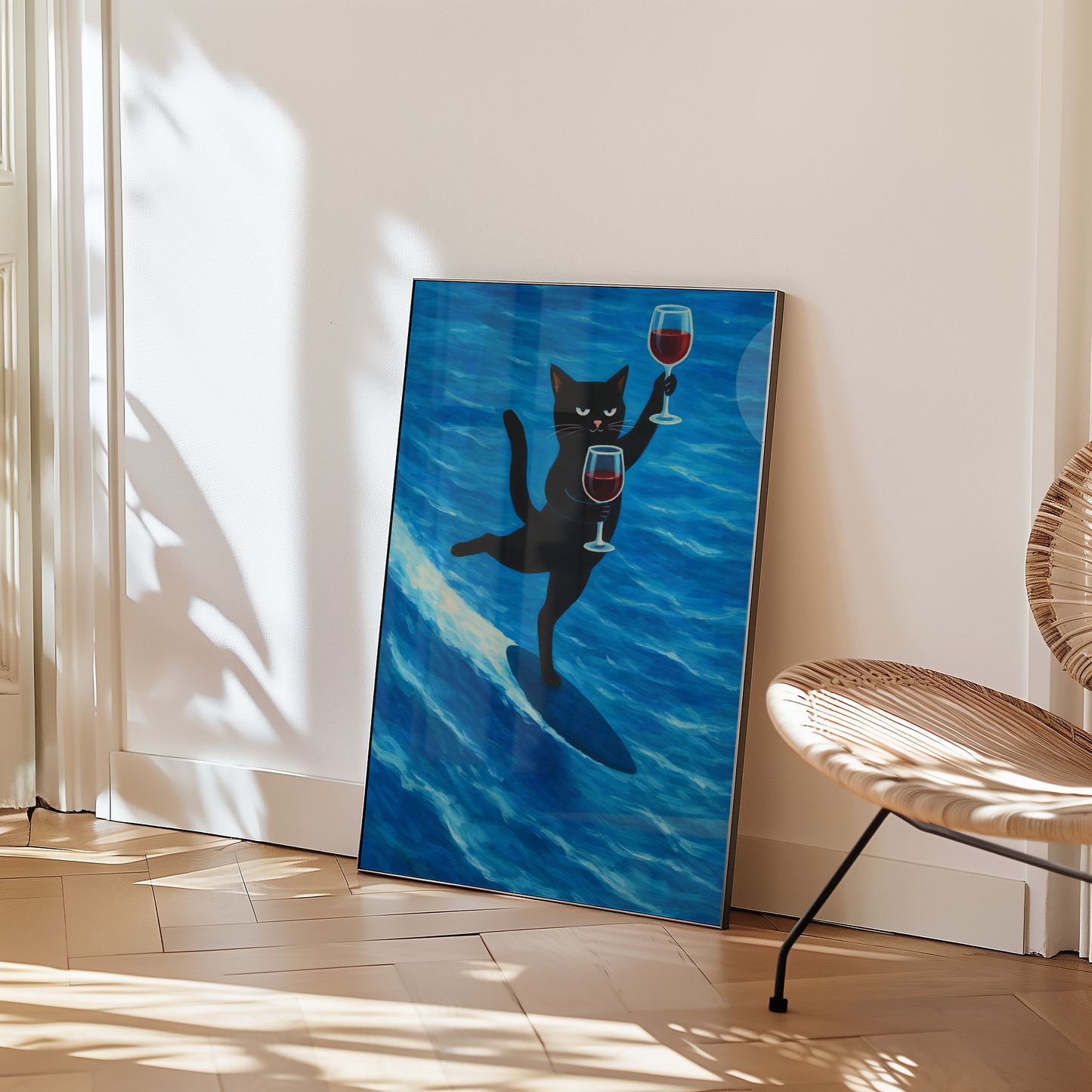 Surfing Wine Cat Poster