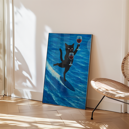Surfing Wine Cat Poster