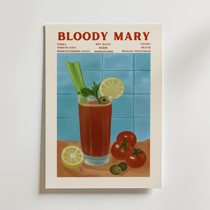 Bozetto Bloody Mary Cocktail Poster visar en livlig röd drink med selleri, örter och citrus på en blå kakelbakgrund. Den är tryckt på premiumpapper och har ett recept och djärva tillbehör - en perfekt stilfull accent för ditt kök.