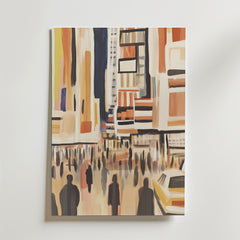 Bozetto Voices in Color Poster föreställer en livlig stadsgata med höga byggnader, suddiga figurer och en gul taxi i varma, abstrakta penseldrag, tryckt som en högkvalitativ poster på FSC-certifierat premiumpapper.