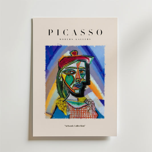 Bozetto Picasso Colorful Cubist Face Poster har ett levande abstrakt porträtt på en vit bakgrund, "PICASSO" högst upp och "Artwork Collection" under bilden för en modern konstnärlig touch.
