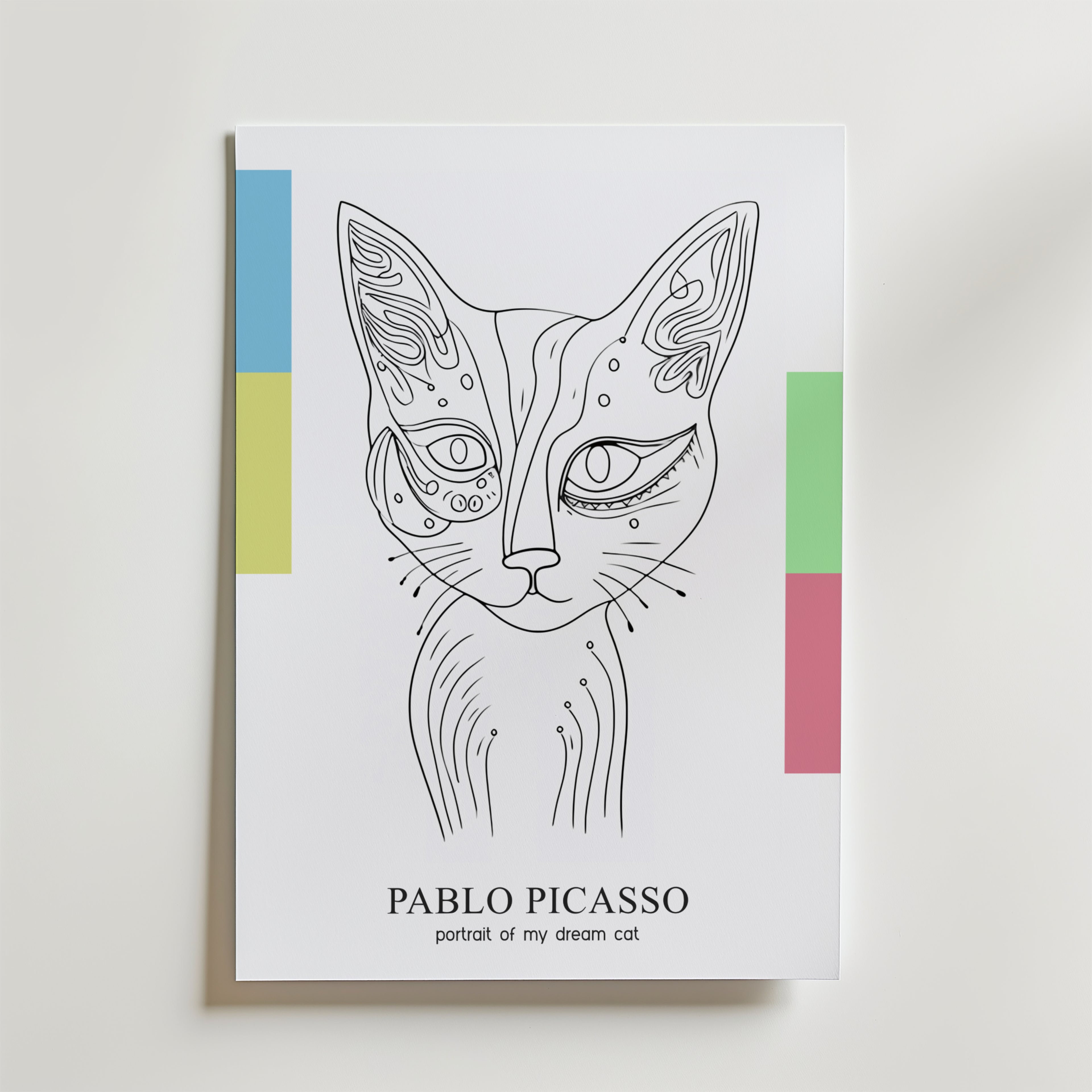 Bozetto Picasso Abstract Cat Portrait Poster visar en minimalistisk linjeteckning av en katt med mönster, geometriska färgblock och texten "PABLO PICASSO portrait of my dream cat" - perfekt för dig som älskar abstrakt konst.