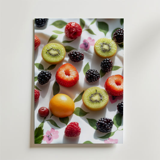 En flat lay av kiwi, jordgubbar, björnbär, kumquat, hallon och tranbär på en blommig bakgrund med gröna blad och rosa blommor. Bozetto Kiwi Kiss Poster har starkt naturligt ljus och är tryckt på premiumpapper.