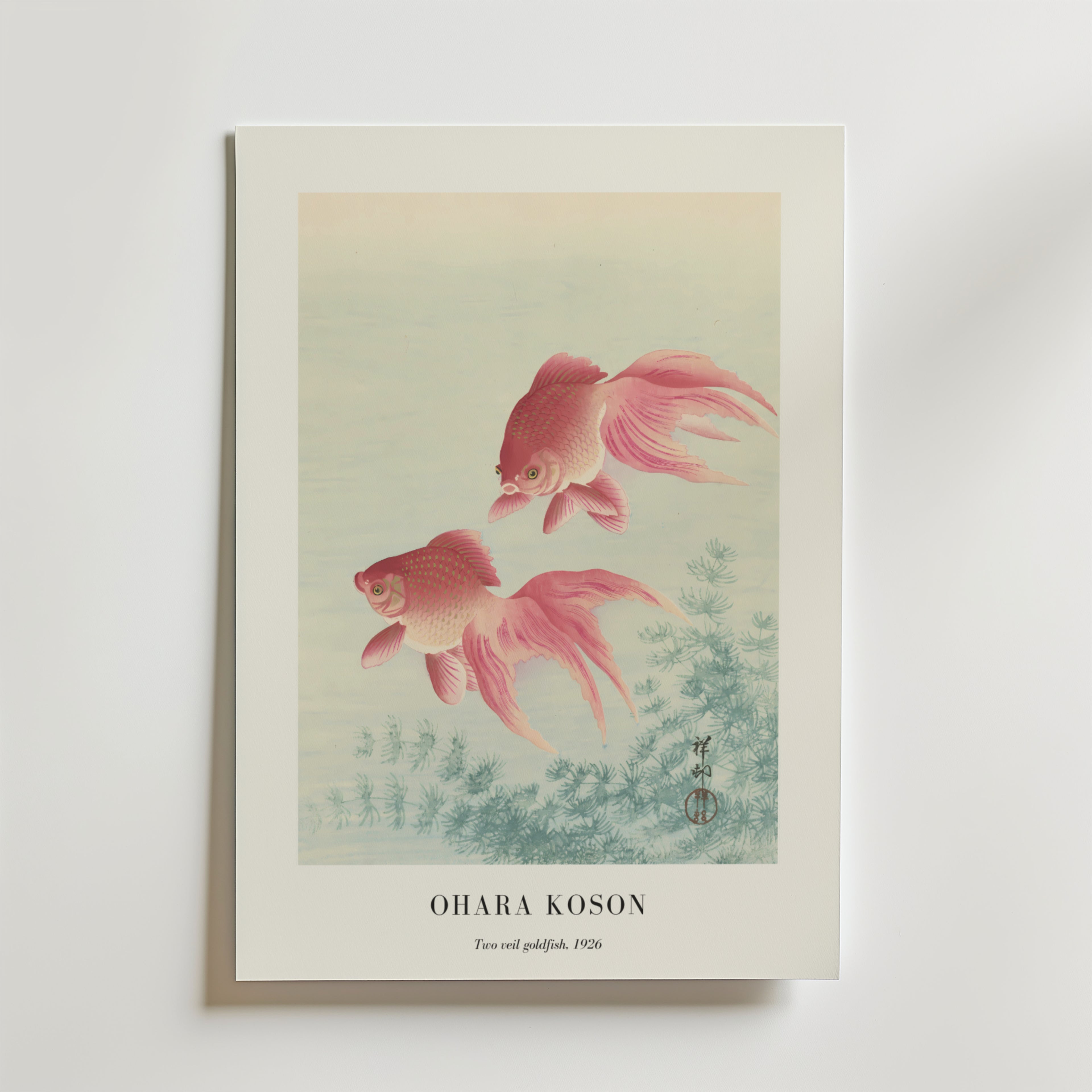 Bozetto Two Veil Goldfish Ohara Koson Poster visar två röda slöjguldfiskar som simmar ovanför vattenväxter i ljusblått vatten, med "OHARA KOSON" och "Two Veil Goldfish, 1926" tryckt under konstverket.