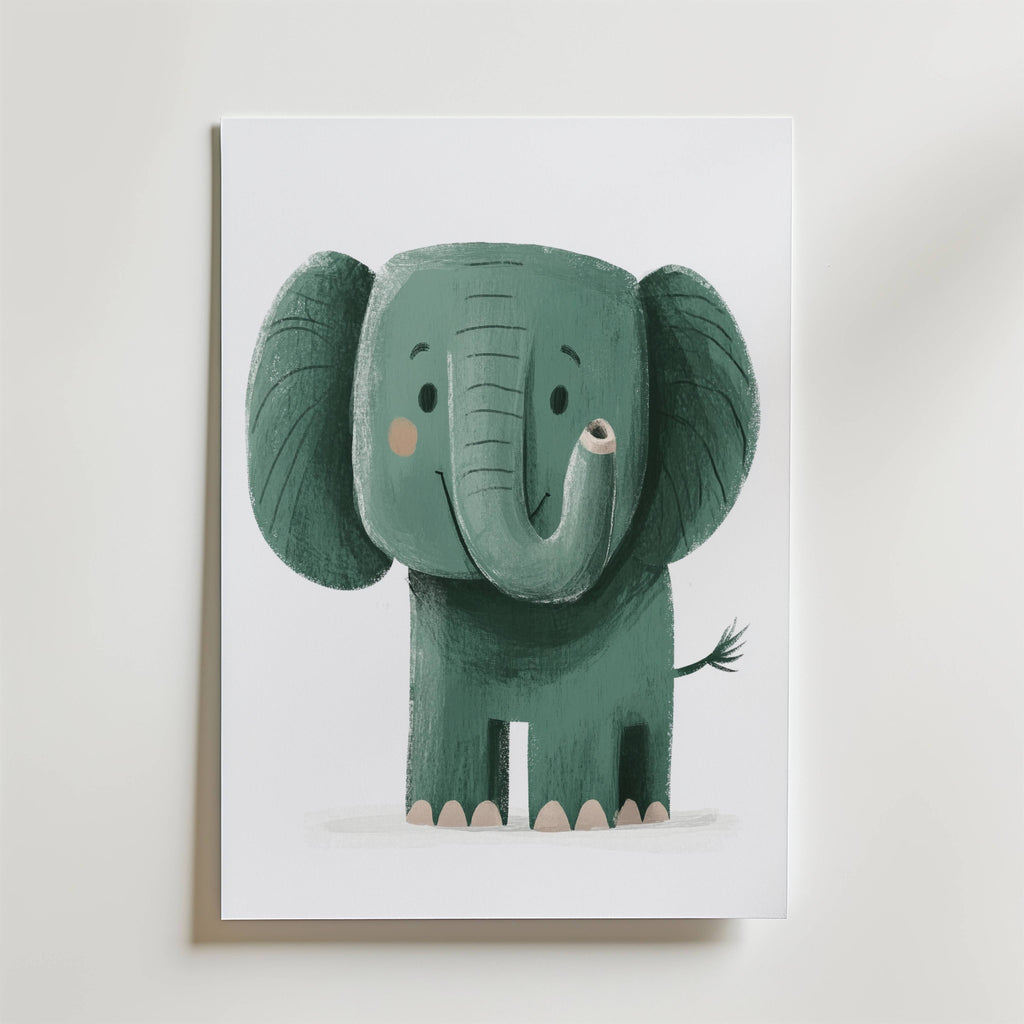 A cute, cartoon-style illustration of a smiling green elephant with large ears and a short tail, titled "no-9," set against a plain white background.