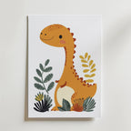 No-9 features a cute, smiling orange dinosaur with small spots, standing among green and yellow leafy plants, illustrated on a white background.