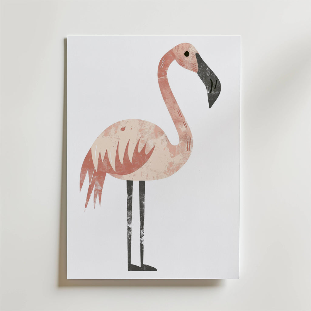 Centered on a white background, the no-9 features a minimalist illustration of an upright pink flamingo with its head turned to the side, created using simple shapes and muted colors.