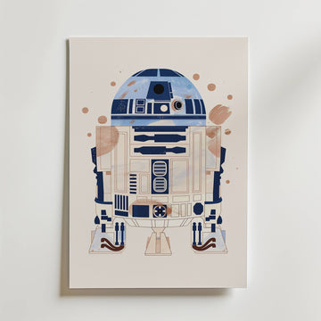 Astro Droid Poster – En charmig poster med en ikonisk rymdrobot i mjuka beige- och blåtoner.