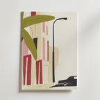 Minimalistiskt konstverk av en stadsgata med en hög byggnad, frodig växt, svart bil och gatlykta i mjuka toner. Tryckt på premiumpapper. Last Stop Before the Sun Sets Poster by Bozetto.