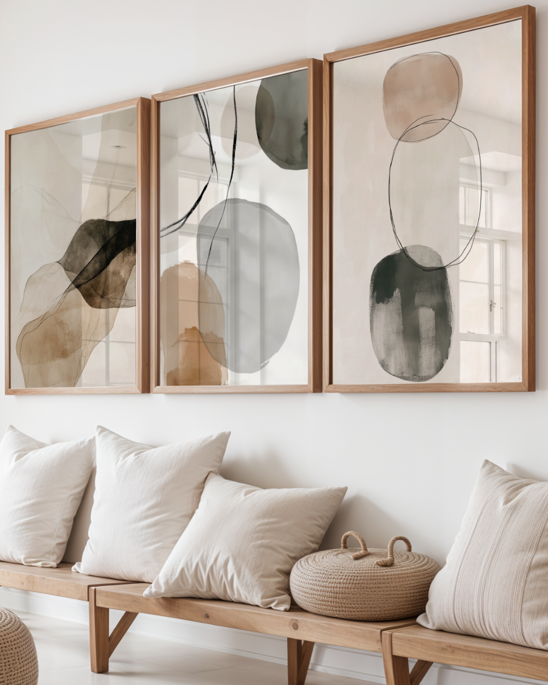 Tre Bozetto Bundle 3-pack Abstrakt No. 1-tryck i neutrala toner hänger ovanför en träbänk med vita kuddar och en flätad korg och skapar en lugn, modern konstvägg i vardagsrummet.