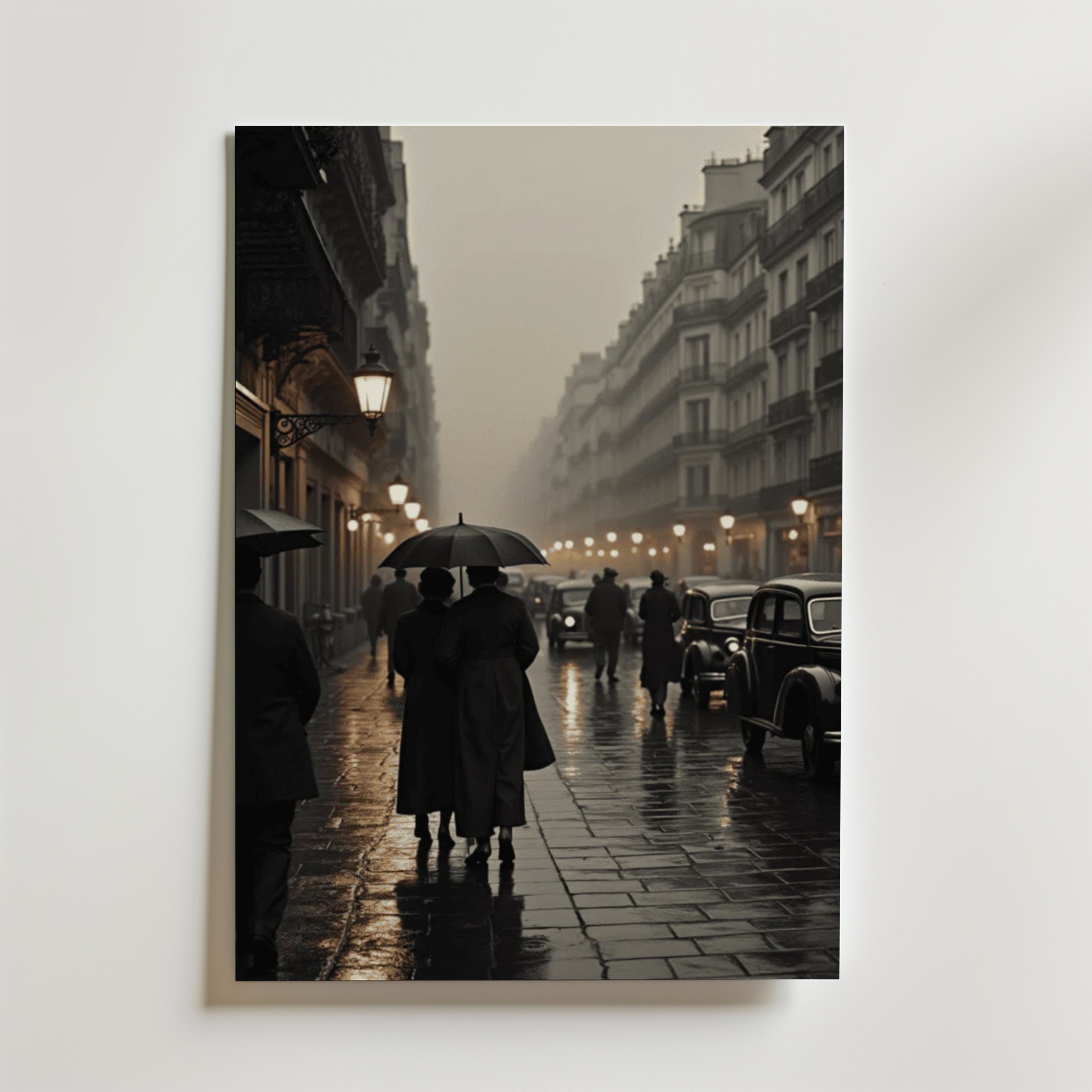 Människor med paraplyer går på en regnig gata kantad av vintagebilar och höga byggnader som lyser under gatlyktor - fångad i Rainy Parisian Stroll Poster från Bozetto, tryckt på lyxigt matt premiumpapper.