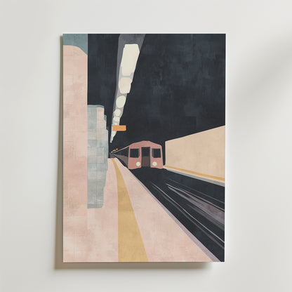 Tunnel Vision Poster by Bozetto har en minimalistisk tunnelbanescen med ett tåg som närmar sig, återgiven i mjuka pasteller och geometriska former. Postern är tryckt på matt yta premiumpapper och ger en ren, modern estetik till alla utrymmen.