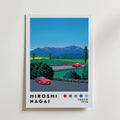 The Bozetto "Hiroshi Nagai Alpine Drive Poster" visar två röda sportbilar på en väg framför gröna fält och alper, med texten "HIROSHI NAGAI" och "TOKYO 1973" - en hyllning till retroestetik.