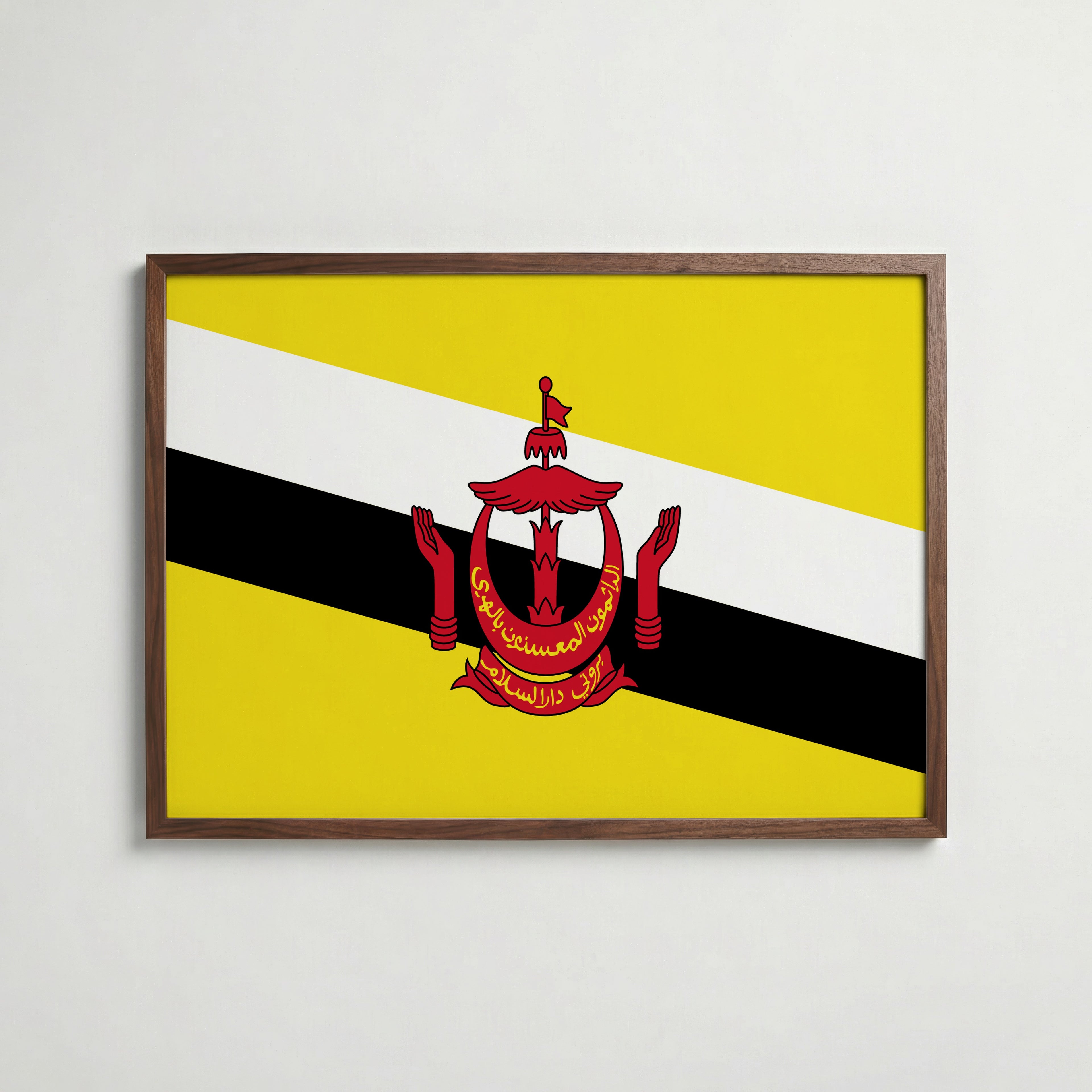 Brunei National Flag Poster i valnötsram – varm konstaffisch för hemmet från Bozetto