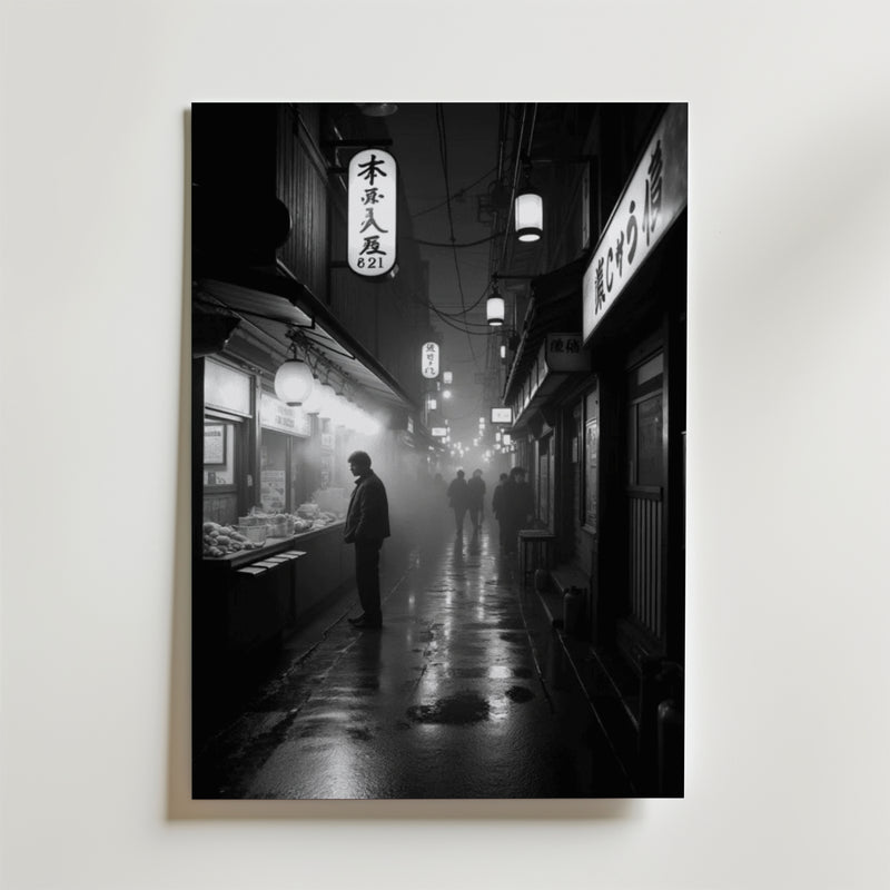 Midnight Market Poster från Bozetto har en svartvit scen av en regnig japansk gata med glödande lyktor, människor och ett matstånd. Den är tryckt på premiumpapper och är en slående inredningsdetalj för alla utrymmen.