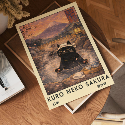 Kuro Neko Sakura Onsen Cat Poster