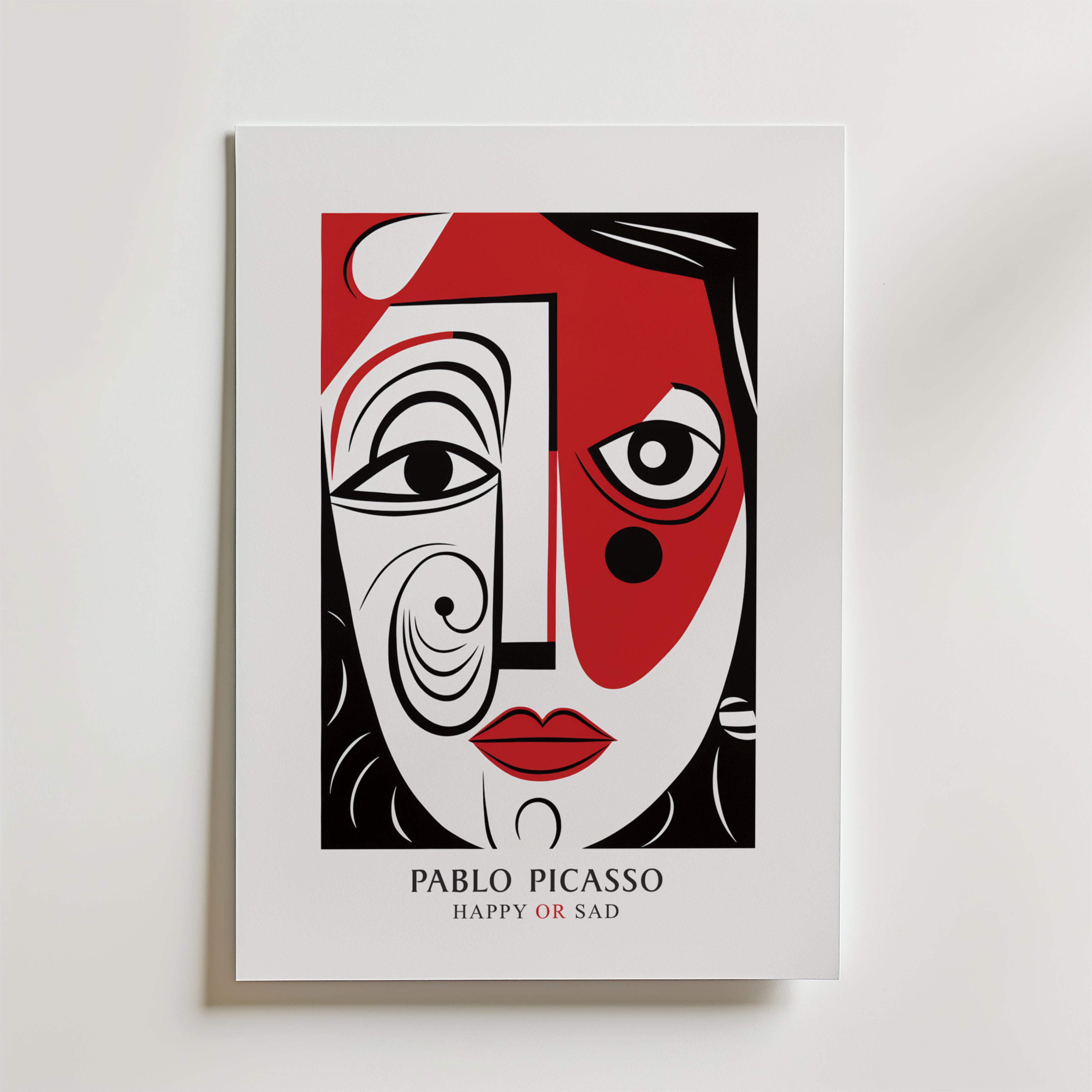 Bozetto Picasso Happy Or Sad Poster har abstrakta ansiktsdetaljer i svart, vitt och rött i en minimalistisk stil. Under konstverket finns text: "Pablo Picasso - Happy or Sad." Ett slående stycke modern väggkonst.