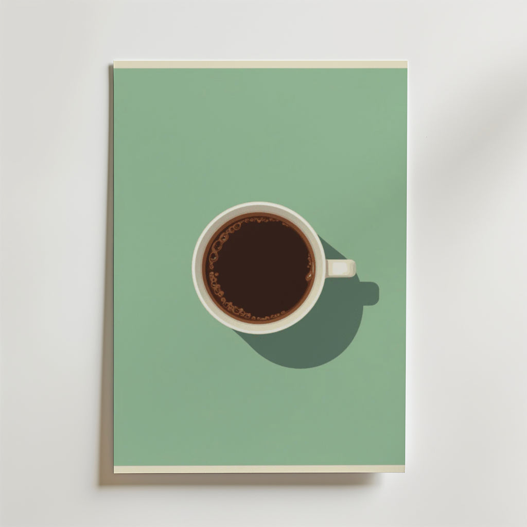 En vit kaffekopp med svart kaffe sitter centrerad på en grön yta med en lyxig matt textur och kastar en höger skugga. Denna enkla, minimalistiska Bozetto Simple Espresso Poster är sedd uppifrån.