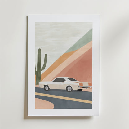 Desert Drive Poster by Bozetto är ett minimalistiskt konstverk som visar en klassisk vit bil på en ökenväg med kaktusar och pastellfärgade kullar. Den är tryckt på FSC-certifierat premiumpapper och dess mjuka toner ger en lugn och elegant touch till alla rum.
