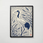 Blue Crane Linocut Poster – svart ram