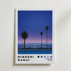 Hiroshi Nagai City Lights Poster från Bozetto visar palmer som avtecknar sig mot en stjärnklar natthimmel och en rutnätsliknande stadsbild i retrostil, med "Hiroshi Nagai" och "Tokyo 1973" längst ner.