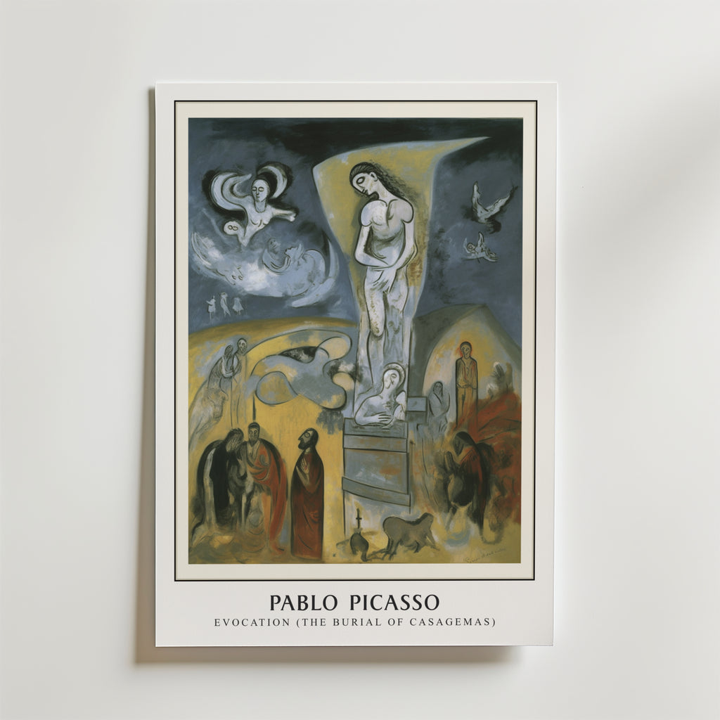 Bozetto Picasso Casagemas Tribute Poster föreställer surrealistiska, drömlika figurer i blå toner, med en central statyliknande kvinna och sörjande - perfekt för att ge ditt rum en konstnärlig känsla.