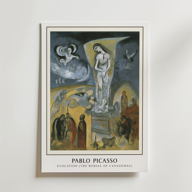 Bozetto Picasso Casagemas Tribute Poster föreställer surrealistiska, drömlika figurer i blå toner, med en central statyliknande kvinna och sörjande - perfekt för att ge ditt rum en konstnärlig känsla.