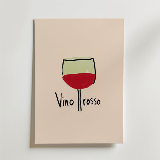 Bozetto Vino Rosso Poster föreställer ett handritat glas rött vin ovanför "Vino rosso" på premiumpapper - en minimalistisk och elegant inredningsdetalj för alla rum.
