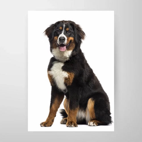 En glad berner sennenhund med lång svart, brun och vit päls sitter vänd framåt på vit botten - perfekt som väggkonst med Bozettos "Personlig Poster - Skapa din egen design.