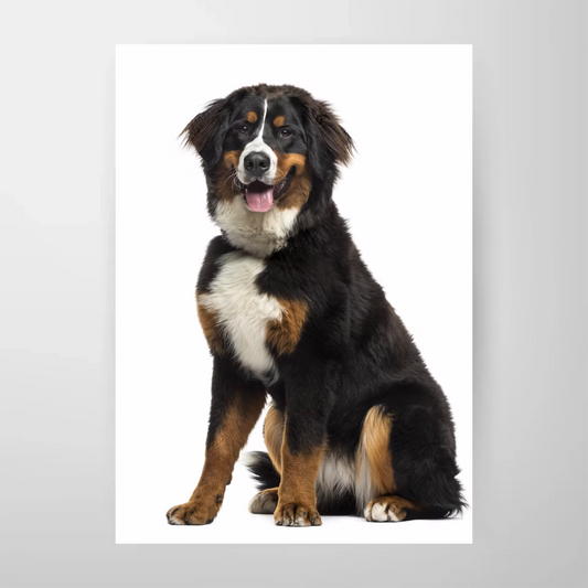 En glad berner sennenhund med lång svart, brun och vit päls sitter vänd framåt på vit botten - perfekt som väggkonst med Bozettos "Personlig Poster - Skapa din egen design.