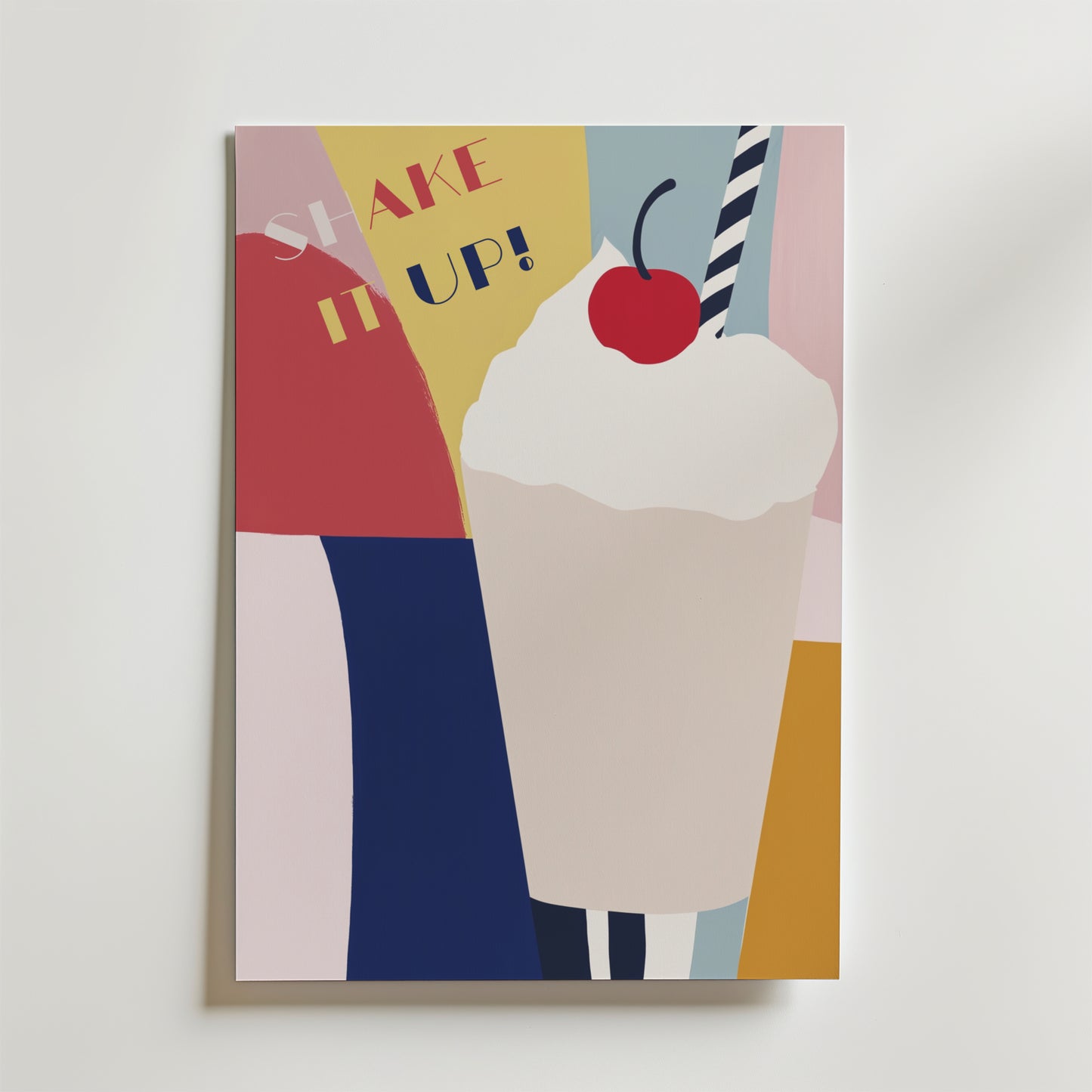 Bozetto Shake It Up Poster visar en livfull abstrakt milkshake med vispgrädde och körsbär, tryckt på premiumpapper - perfekt för lekfull inredning.
