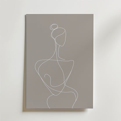 Bozettos White Line Woman Silhouette Poster visar minimalistisk konst av en kvinnlig figur med en knut på grå canvas, tryckt på premiumpapper med en lyxigt matt yta för en elegant och neutral look.