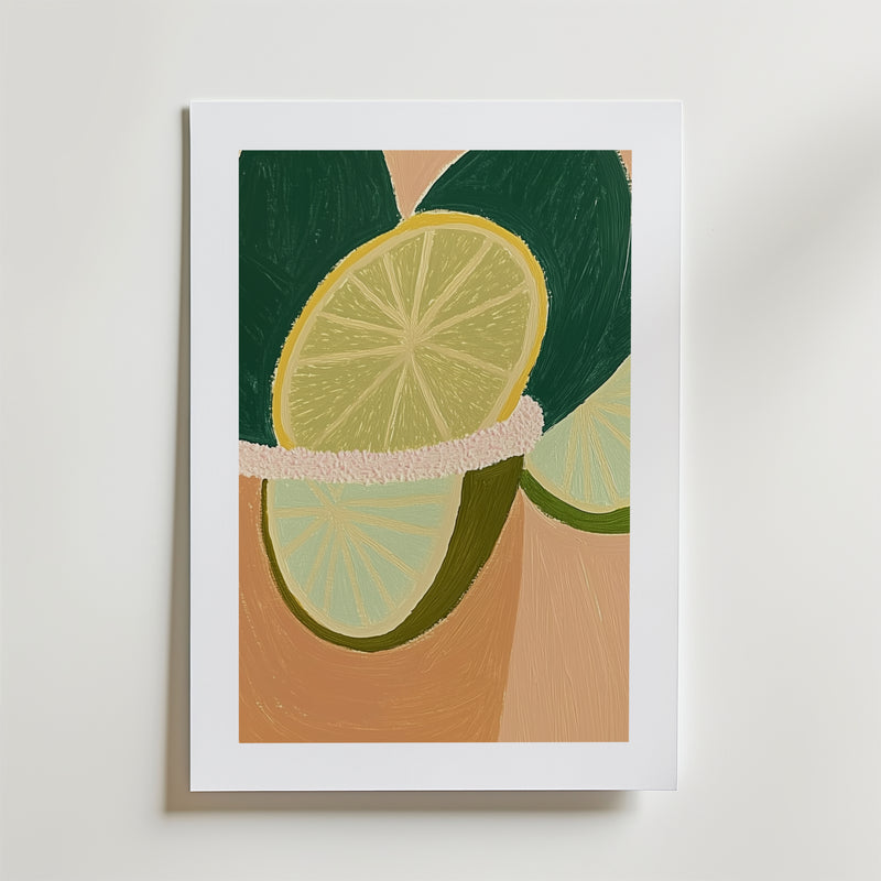 Bozetto Citrus Dream Poster visar två limeskivor med gröna skal på en beige bakgrund, presenterad i en vit matt ram och tryckt på premiumpapper med en lyxig matt finish.