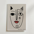 Half Human Half Cat-poster från Bozetto: Minimalistisk teckning av ett ansikte med röd mun, stor kattöra och texten "half human, half cat" -perfekt för modern konst och inredning.