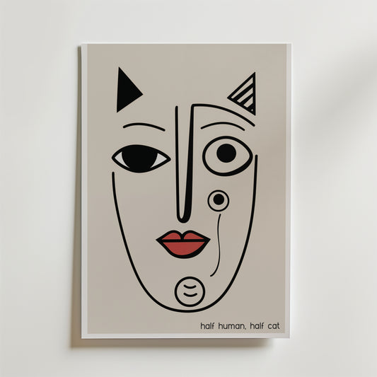 Half Human Half Cat-poster från Bozetto: Minimalistisk teckning av ett ansikte med röd mun, stor kattöra och texten "half human, half cat" -perfekt för modern konst och inredning.