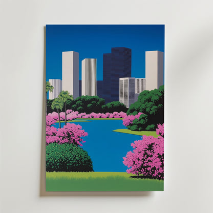 City Park Illustration Hiroshi Poster by Bozetto visar levande skyskrapor, en trädkantad sjö och rosa blommande buskar på FSC-certifierat premiumpapper för en högkvalitativ finish under en klarblå himmel.